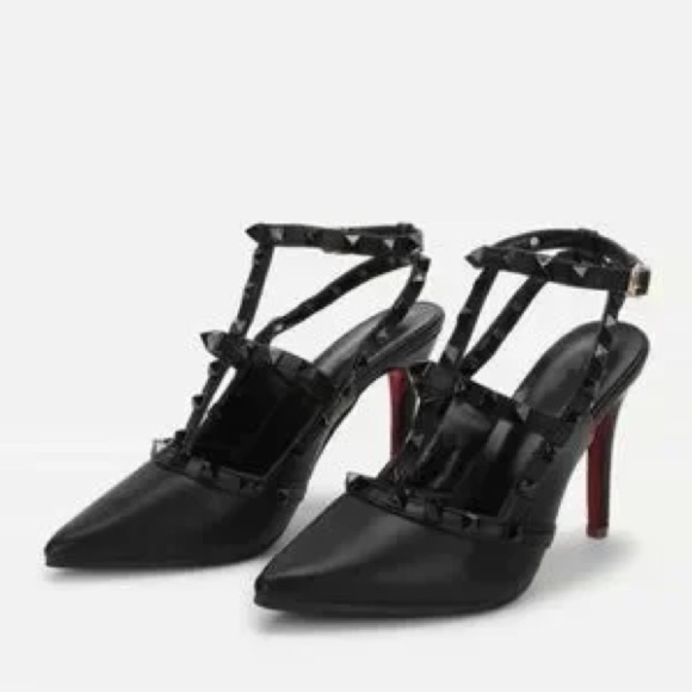SHEIN Black Pointed Studded T-Strap High Heels with Red Heel